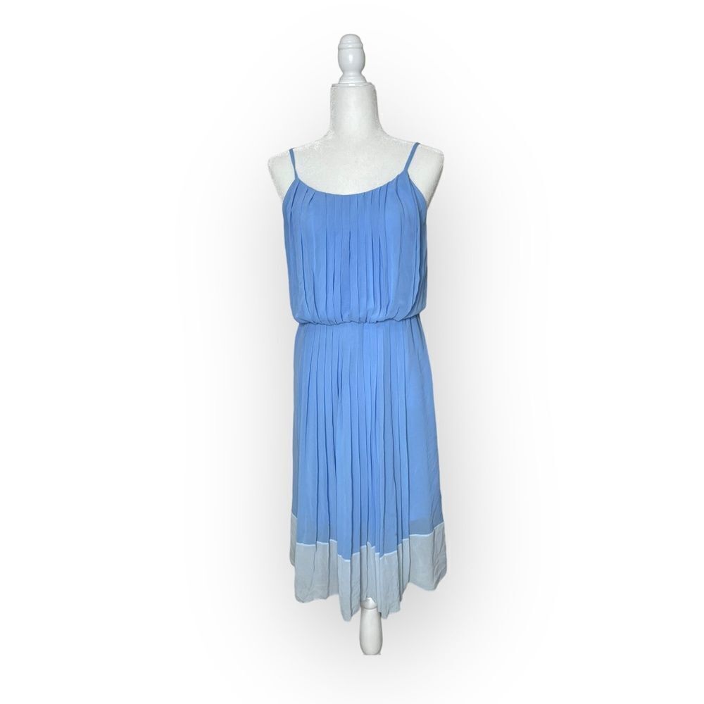 SANDRO Blue and White Scoop Neck Pleated Midi Length Dress Size Small - Picture 7 of 11